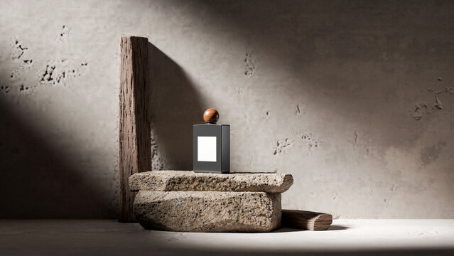 Bottle perfume on the rock podium with piece of wood and plaster background scene mockup premium photo 3d render