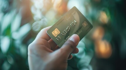 Close-Up View of Hand with Bank Card Mockup and Chip for Online Payment Capabilities