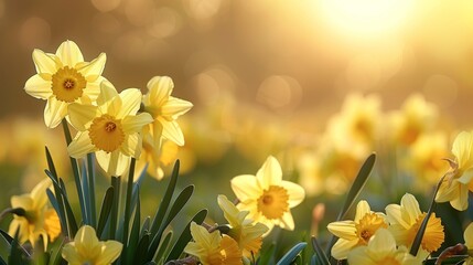 Fototapeta premium A field of vibrant yellow daffodils in full bloom, with a soft sunlight glow in the background
