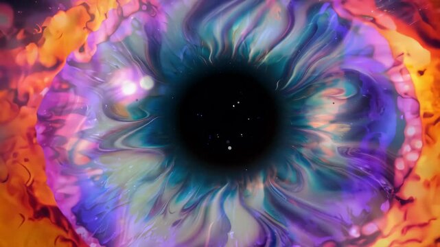 Extreme close-up: Vibrant iris-like nebula expands in space. Swirling cosmic gases form intricate patterns. Stars glitter within colorful celestial clouds, mimicking an otherworldly eye.	
