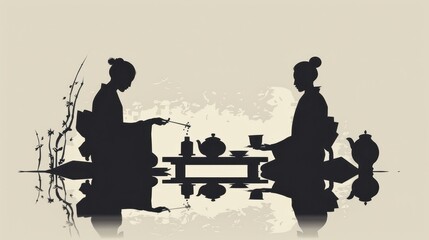 Artistic silhouette of a Japanese tea ceremony with a minimalistic approach, featuring clean lines and simple elements, emphasizing the art of teamaking in a modern style