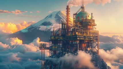 Fantasy factory on top of Mount Fuji, whimsical design with colorful elements Snowcapped mountain, dreamy sky A magical blend of industrial and natural beauty
