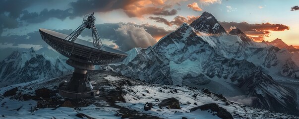 Fototapeta premium Cyberpunk satellite dish on Mount Everest, covered in graffiti and LEDs Snowy peak, moody sky Futuristic urban style clashing with natural majesty