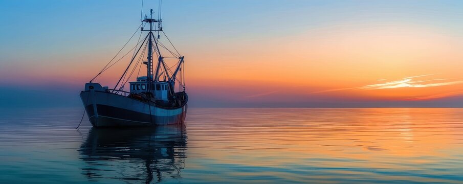 Fishing ship silhouette in the early morning