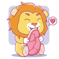 cute lion eating raw meat slice. Cartoon Vector mascot Illustration animal food Isolated