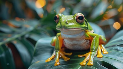 Fototapeta premium Photo of A green tree frog sitting on top of large leaf.
