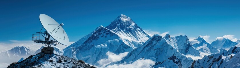 Obraz premium Satellite dish on Mount Everest, sleek and modern design Snowy peak, clear blue sky Blending hightech communication with the worlds highest summit