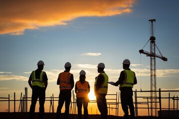 Fototapeta premium Five construction workers silhouetted against vibrant sunset