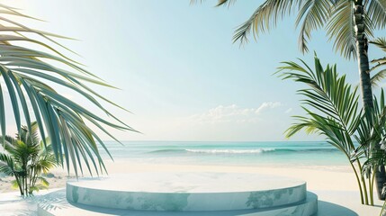 Fototapeta premium Beach podium summer background sand product 3D sea display platform. 