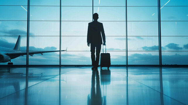 silhouette of a business man with a suitcase represents the essence of travel and ambition, symbolizing the journey towards success, adventure, and new opportunities in the professional world