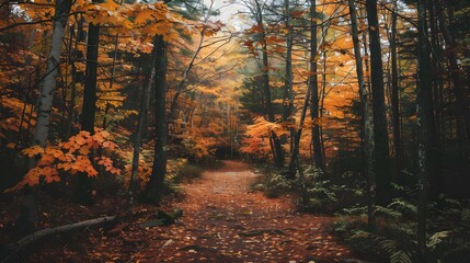 Fall forest hike colorful leaves tranquil nature. Wall hanging branches seamless pattern leaves fall with bright color flowers illustration background.