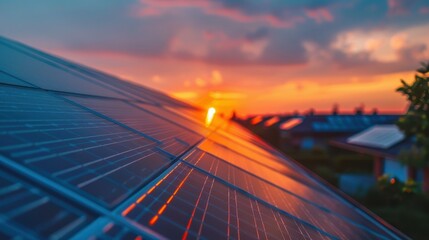 Fototapeta premium Solar Panels at Sunset with Vibrant Sky and Clouds in the Background