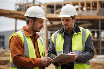 Two construction workers wearing hard hats and vests examine blueprints on tablet