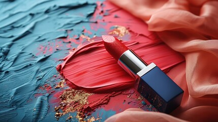 Photo of a lipstick and business card on a colorful background.