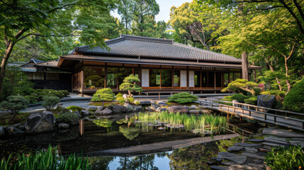 Photos of Traditional Chinese-Style House in Green Forest with Tiled Roofs, Gray Walls, Lush Greenery, Ponds, Wooden Bridges, and Stone Paths, High-Definition Wide-Angle Lens Captures Tranquility and 