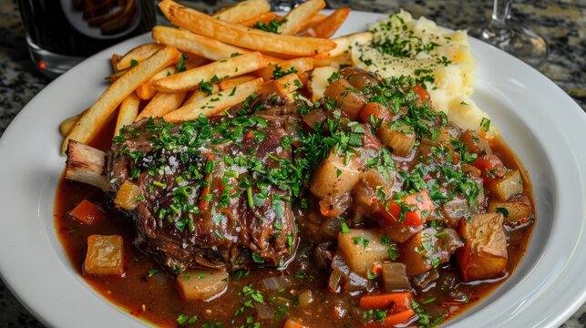 Homemade osso buco stew with herb sauce red wine and fries