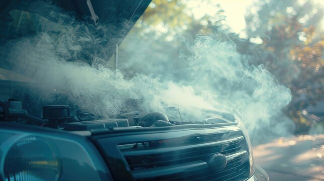 Smoke comes out of the hood of the car because the car engine is overheating.