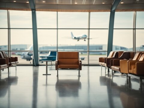 Empty airport terminal lounge with airplane on background