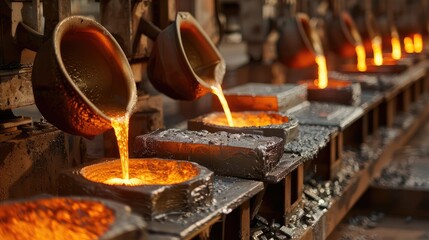 Industrial Foundry Pouring Molten Metal into Molds