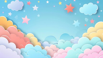 Obraz premium Cute cartoon clouds and stars background in pastel colors with large copy space, more clarity with clear light and sharp focus, high detailed