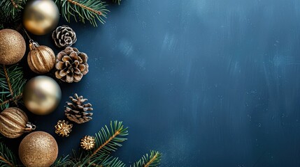 Christmas themed gold decorations on blue background with space for text