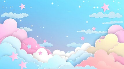 Cute cartoon clouds and stars background in pastel colors with large copy space, more clarity with clear light and sharp focus, high detailed