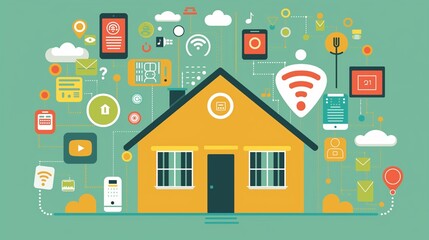 An illustration of smart home appliances with app icons next to them, illustrating how technology is integrated for home automation and control