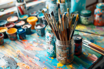 painting supplies table with a variety of paint colors and brushes. The table is covered in paint and has a messy appearance. Scene is chaotic and creative