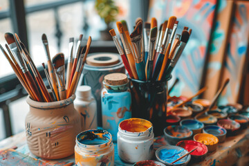 Fototapeta premium painting supplies table with a variety of paint colors and brushes. The table is covered in paint and has a messy appearance. Scene is chaotic and creative