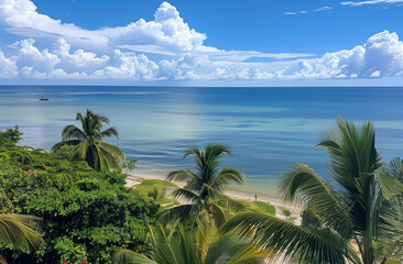 Fototapeta premium A photo of the top view from an oceanfront penthouse, with lush green palm trees and sandy beaches overlooking calm blue waters