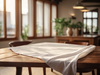Empty white table cloth on wooden desk