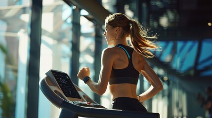 Fototapeta premium A Woman Running on a Treadmill in a Fitness Center