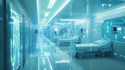 Obraz premium A modern hospital interior with sleek architecture, large glass windows, and clean lines