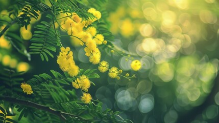 Obraz premium Yellow Mimosa with Lush Green Leaves