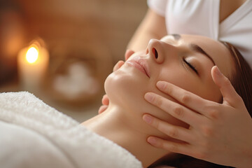 Naklejka premium Woman is getting a facial treatment with candles in the background. The candles are lit and create a relaxing atmosphere