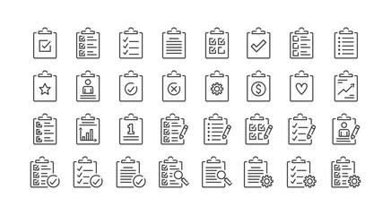 Clipboard thin line icons - check list, report, survey, questionnaire. Pixel perfect, editable stroke, 64px grid, vector eps10 illustration