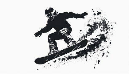 Black and White Silhouette of a Snowboarder in Mid-Air