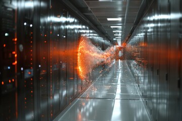Fototapeta premium A futuristic data center hallway with sleek server racks on either side, and a wave of glowing, orange digital signal flowing through the corridor, representing high-tech connectivity.