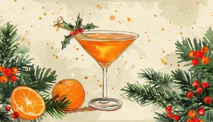 Christmas Cocktail With Orange Garnish and Holly Sprig