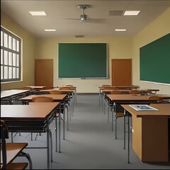 "Back to School Classroom Setup with Blackboards, Chairs, and Desks for an Educational Environment"