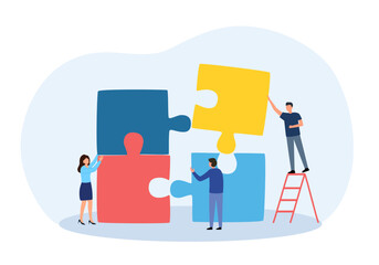 Solving problem concept vector illustration. Teamwork. Businesspeople putting puzzle jigsaw together in flat design on white background.