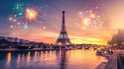 Obraz premium Eiffel tower and fireworks in Paris France, illustration for Olympic games in summer 2024 imagined by AI generative. copy space for text.