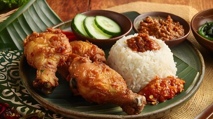 Nasi Ayam Penyet famous traditional Malaysian Indonesian food serve with spicy roasted chicken, slices of cucumber and sambal belacan.