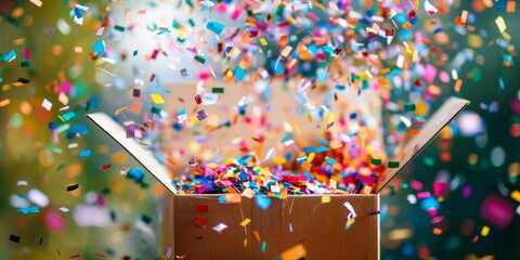 Vibrant Celebration Explosion: Colorful Confetti Bursting from Cardboard Box. Abstract 4K Wallpaper Capturing Festive Atmosphere, Joyous Occasions, Holiday Spirit, Birthday Surprises, and Exciting Rev