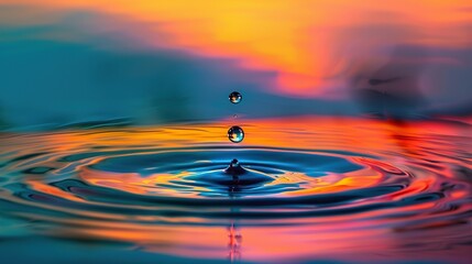 Falling drop on water surface with splash and riddles, liquid droplet, colorful abstract at sunset. copy space for text.