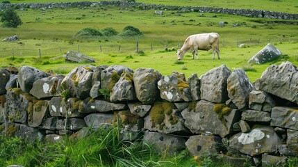 Obraz premium Grazing Cow by a Stone Wall