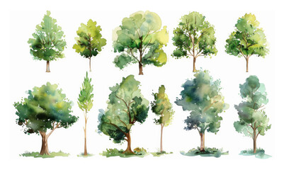 Set of watercolor green trees isolated on a white background, ideal for landscape and architectural drawings, environmental elements, gardens, and botanical spring sections.