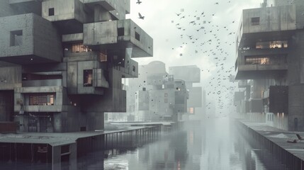 Obraz premium Floating architectural concept with interconnected buildings and sky bridges