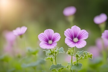 Fototapeta premium Common mallow flower bokeh background, Ai Generated