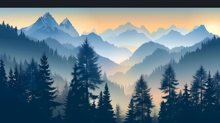 Obraz premium Realistic mountains landscape. Morning wood panorama, pine trees and mountains silhouettes. Vector forest hiking background. 
